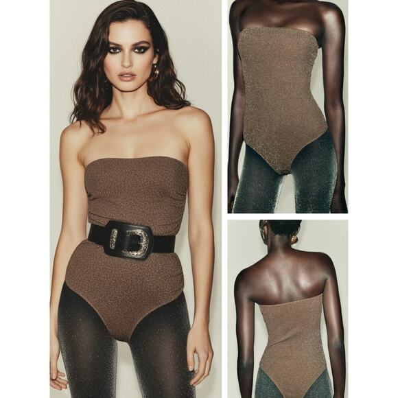 Zara Tops - NWT ZARA Metallic Thread Bandeau Bodysuit Size Medium Gold